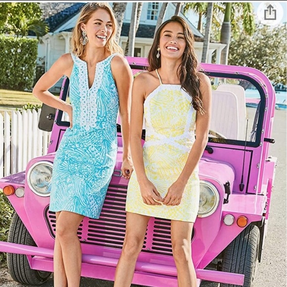 SOLD-Lilly Pulitzer Pearl Stretch Shift Dress Yellow White Mini - Picture 3 of 12